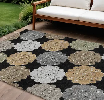8' X 10' Black Ivory And Khaki Quatrefoil Washable Indoor Outdoor Area Rug
