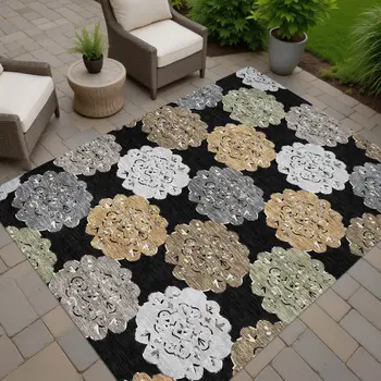 10' X 14' Black Ivory And Khaki Quatrefoil Washable Indoor Outdoor Area Rug
