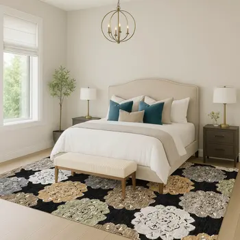 10' X 14' Black Ivory And Khaki Quatrefoil Washable Indoor Outdoor Area Rug
