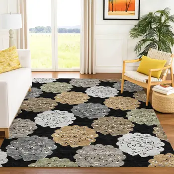 10' X 14' Black Ivory And Khaki Quatrefoil Washable Indoor Outdoor Area Rug