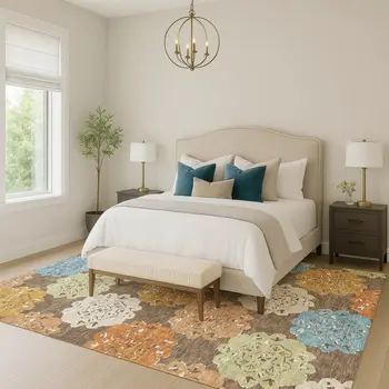 3' X 5' Chocolate Ivory And Copper Quatrefoil Washable Indoor Outdoor Area Rug