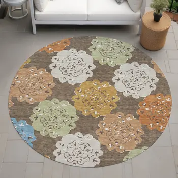 8' Chocolate Ivory And Copper Round Quatrefoil Washable Indoor Outdoor Area Rug