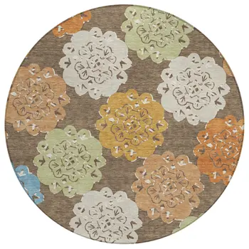 8' Chocolate Ivory And Copper Round Quatrefoil Washable Indoor Outdoor Area Rug