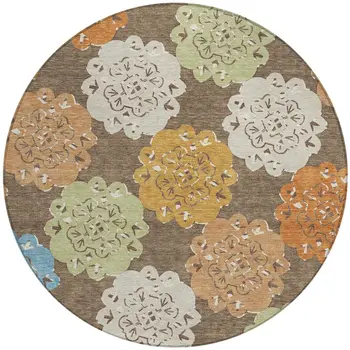 8' Chocolate Ivory And Copper Round Quatrefoil Washable Indoor Outdoor Area Rug