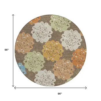 8' Chocolate Ivory And Copper Round Quatrefoil Washable Indoor Outdoor Area Rug