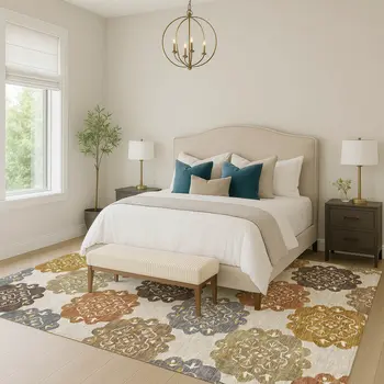 3' X 5' Taupe Orange And Ivory Quatrefoil Washable Indoor Outdoor Area Rug