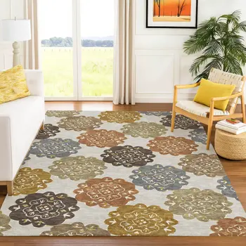 3' X 5' Taupe Orange And Ivory Quatrefoil Washable Indoor Outdoor Area Rug