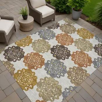 5' X 8' Taupe Orange And Ivory Quatrefoil Washable Indoor Outdoor Area Rug
