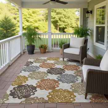 5' X 8' Taupe Orange And Ivory Quatrefoil Washable Indoor Outdoor Area Rug