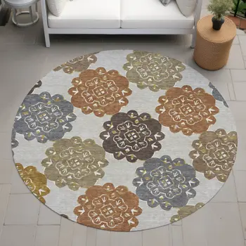 8' Taupe Orange And Ivory Round Quatrefoil Washable Indoor Outdoor Area Rug