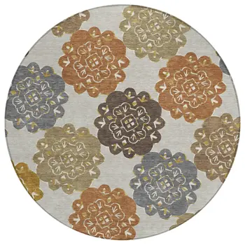 8' Taupe Orange And Ivory Round Quatrefoil Washable Indoor Outdoor Area Rug
