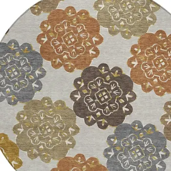 8' Taupe Orange And Ivory Round Quatrefoil Washable Indoor Outdoor Area Rug