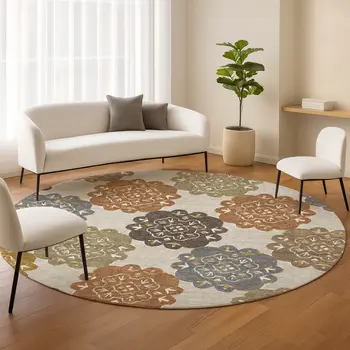 8' Taupe Orange And Ivory Round Quatrefoil Washable Indoor Outdoor Area Rug
