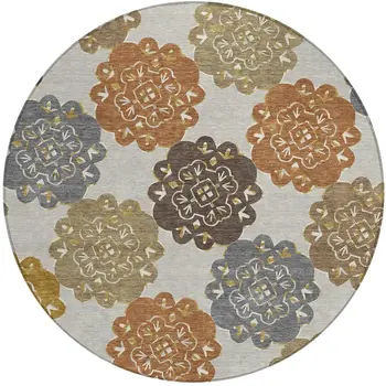 8' Taupe Orange And Ivory Round Quatrefoil Washable Indoor Outdoor Area Rug