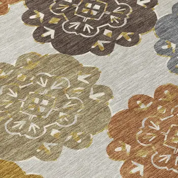 9' X 12' Taupe Orange And Ivory Quatrefoil Washable Indoor Outdoor Area Rug