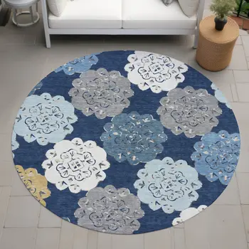 8' Navy Blue Ivory And Gold Round Quatrefoil Washable Indoor Outdoor Area Rug