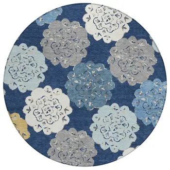 8' Navy Blue Ivory And Gold Round Quatrefoil Washable Indoor Outdoor Area Rug
