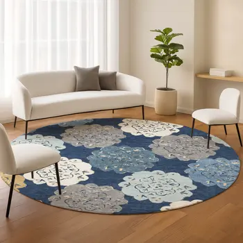 8' Navy Blue Ivory And Gold Round Quatrefoil Washable Indoor Outdoor Area Rug