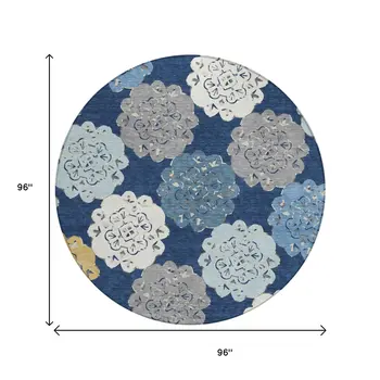 8' Navy Blue Ivory And Gold Round Quatrefoil Washable Indoor Outdoor Area Rug