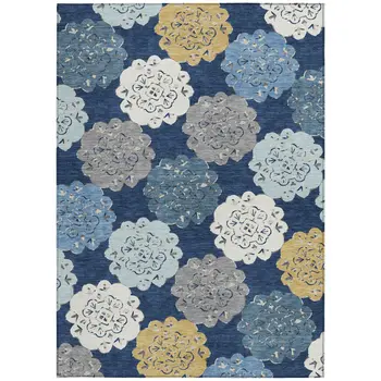 8' X 10' Navy Blue Ivory And Gold Quatrefoil Washable Indoor Outdoor Area Rug