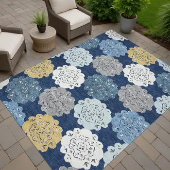 8' X 10' Navy Blue Ivory And Gold Quatrefoil Washable Indoor Outdoor Area Rug