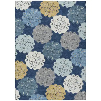 8' X 10' Navy Blue Ivory And Gold Quatrefoil Washable Indoor Outdoor Area Rug