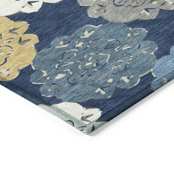 8' X 10' Navy Blue Ivory And Gold Quatrefoil Washable Indoor Outdoor Area Rug
