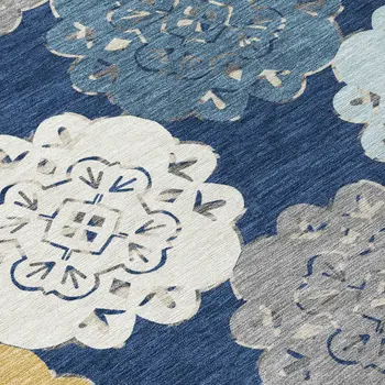 8' X 10' Navy Blue Ivory And Gold Quatrefoil Washable Indoor Outdoor Area Rug