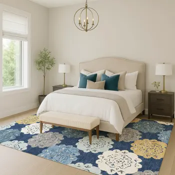 8' X 10' Navy Blue Ivory And Gold Quatrefoil Washable Indoor Outdoor Area Rug