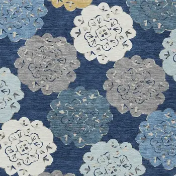 9' X 12' Navy Blue Ivory And Gold Quatrefoil Washable Indoor Outdoor Area Rug