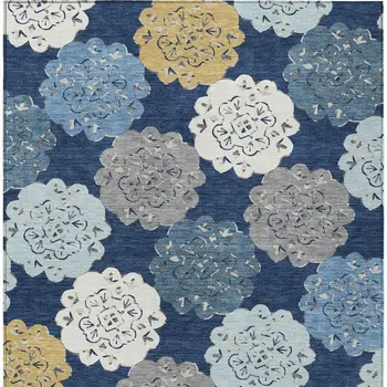 10' X 14' Navy Blue Ivory And Gold Quatrefoil Washable Indoor Outdoor Area Rug