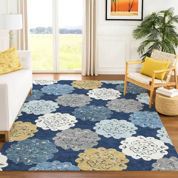 10' X 14' Navy Blue Ivory And Gold Quatrefoil Washable Indoor Outdoor Area Rug