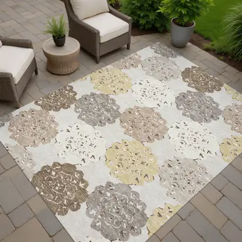 3' X 5' Pearl Ivory And Wheat Quatrefoil Washable Indoor Outdoor Area Rug