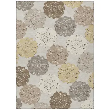3' X 5' Pearl Ivory And Wheat Quatrefoil Washable Indoor Outdoor Area Rug