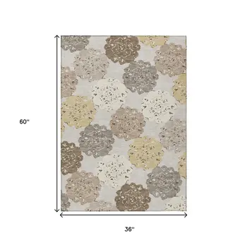 3' X 5' Pearl Ivory And Wheat Quatrefoil Washable Indoor Outdoor Area Rug