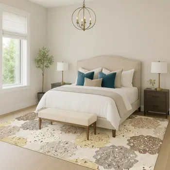 5' X 8' Pearl Ivory And Wheat Quatrefoil Washable Indoor Outdoor Area Rug