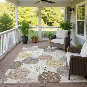 5' X 8' Pearl Ivory And Wheat Quatrefoil Washable Indoor Outdoor Area Rug