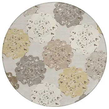 8' Pearl Ivory And Wheat Round Quatrefoil Washable Indoor Outdoor Area Rug