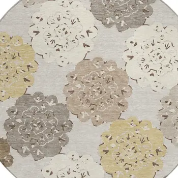 8' Pearl Ivory And Wheat Round Quatrefoil Washable Indoor Outdoor Area Rug