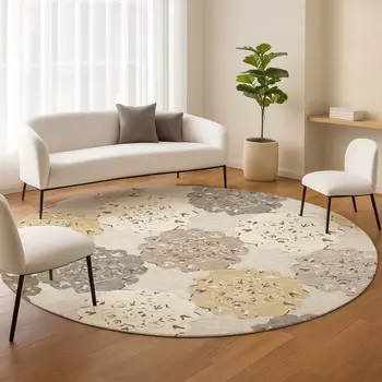 8' Pearl Ivory And Wheat Round Quatrefoil Washable Indoor Outdoor Area Rug