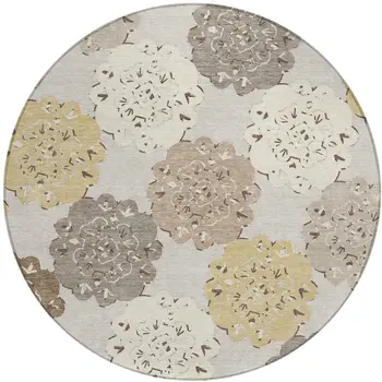 8' Pearl Ivory And Wheat Round Quatrefoil Washable Indoor Outdoor Area Rug