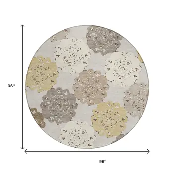 8' Pearl Ivory And Wheat Round Quatrefoil Washable Indoor Outdoor Area Rug
