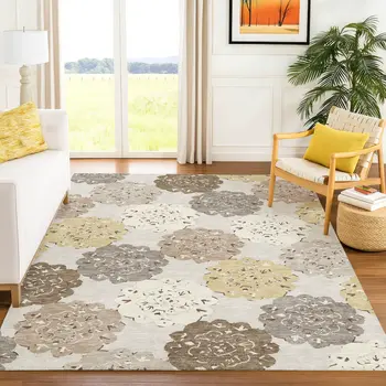 8' X 10' Pearl Ivory And Wheat Quatrefoil Washable Indoor Outdoor Area Rug