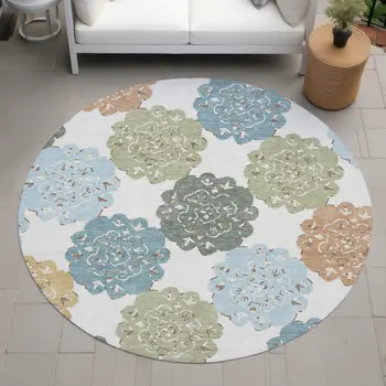 8' Pacific Blue Ivory And Copper Round Quatrefoil Washable Indoor Outdoor Area Rug