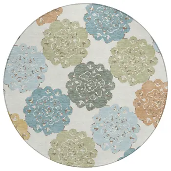 8' Pacific Blue Ivory And Copper Round Quatrefoil Washable Indoor Outdoor Area Rug