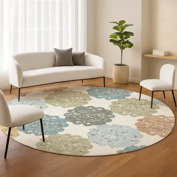 8' Pacific Blue Ivory And Copper Round Quatrefoil Washable Indoor Outdoor Area Rug