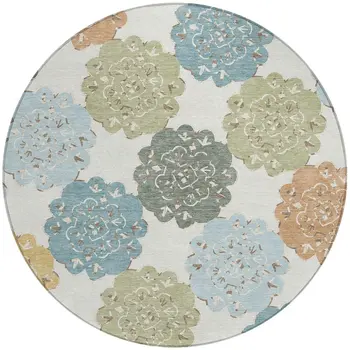8' Pacific Blue Ivory And Copper Round Quatrefoil Washable Indoor Outdoor Area Rug
