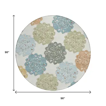 8' Pacific Blue Ivory And Copper Round Quatrefoil Washable Indoor Outdoor Area Rug