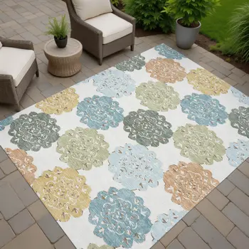 10' X 14' Pacific Blue Ivory And Copper Quatrefoil Washable Indoor Outdoor Area Rug