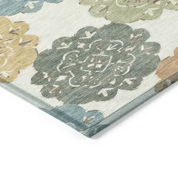 10' X 14' Pacific Blue Ivory And Copper Quatrefoil Washable Indoor Outdoor Area Rug